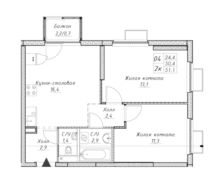 2-комнатная квартира 51.1 м², 19/24 эт., ЖК «Заречный парк»